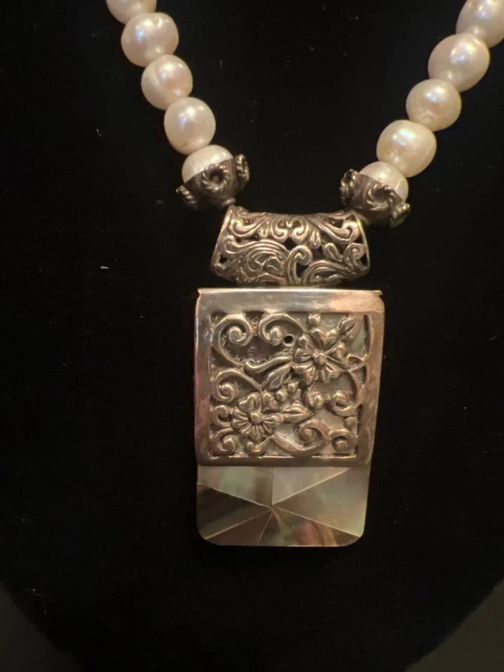 Handcrafted Pearl Necklace With Intricate abalone and Silver Pendant  Art Deco